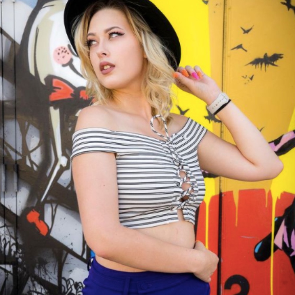 black and white stripe off shoulder tie up crop top